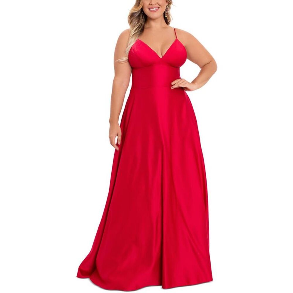 B&A by Betsy and Adam Womens Red Satin Formal Evening Dress Gown Plus NWT